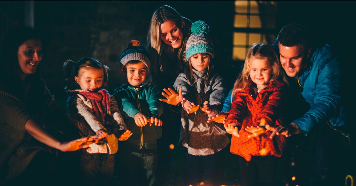 Family near a fire
